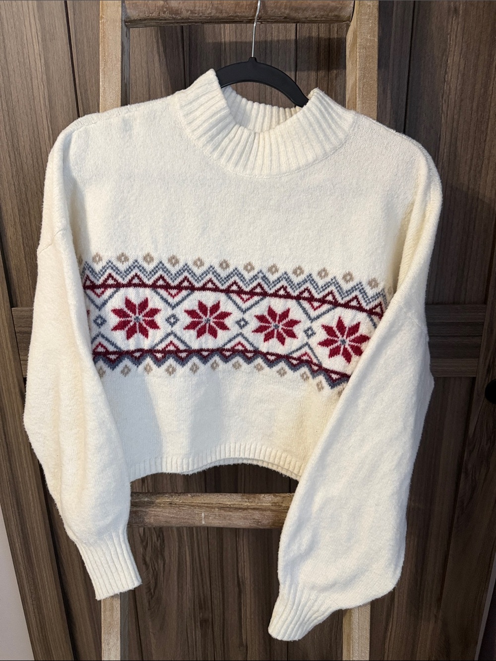 Hollister Cream Fair Isle Turtleneck Sweater with Red Accent
